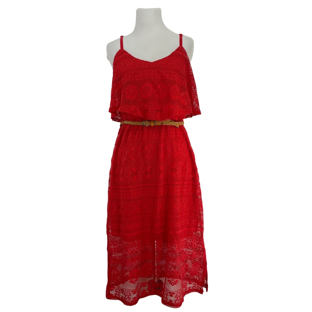 Charlotte Russe Size Medium Midi Dress Red Lace Flounce Belted Y2K Womens